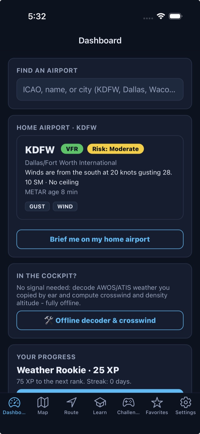 METAR Master dashboard with XP progress